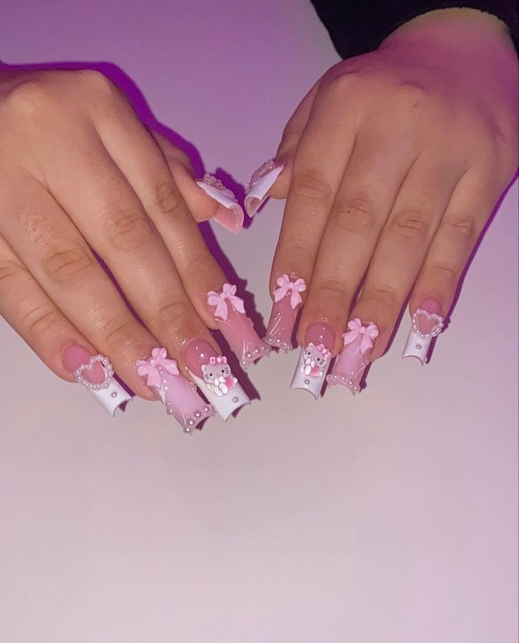 Clear Hello Kitty Nails, Pastel Hello Kitty Nails, Hello Kitty Acrilyc Nails, Hello Kitty Nails Medium Length, Medium Hello Kitty Nails, Hello Kitty Themed Nails, My Melody Nails Short, Short Hello Kitty Nails With Charms, Hello Kitty Nails Medium