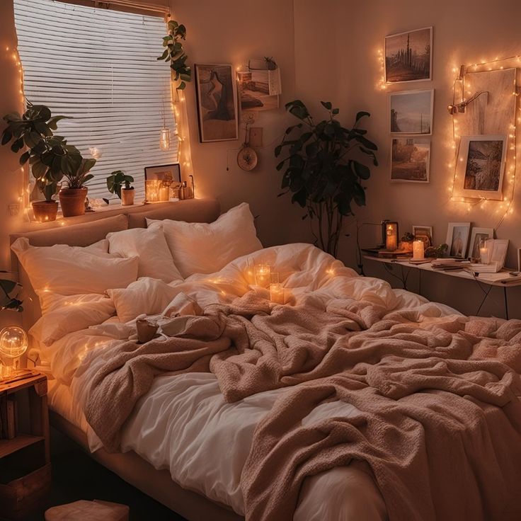 an unmade bed with candles and pictures on the wall above it in a bedroom