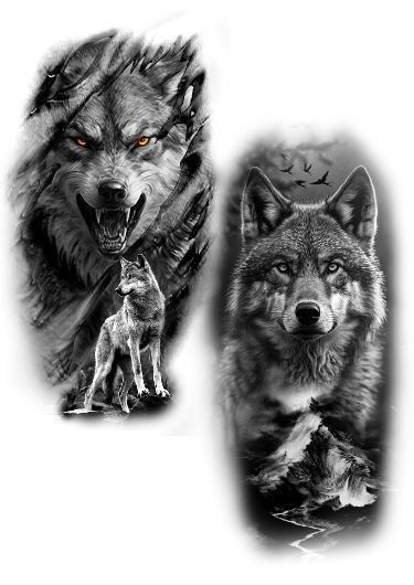 an image of two wolf tattoos on the arm