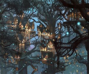 an image of a tree house in the woods at night with fairy lights on it