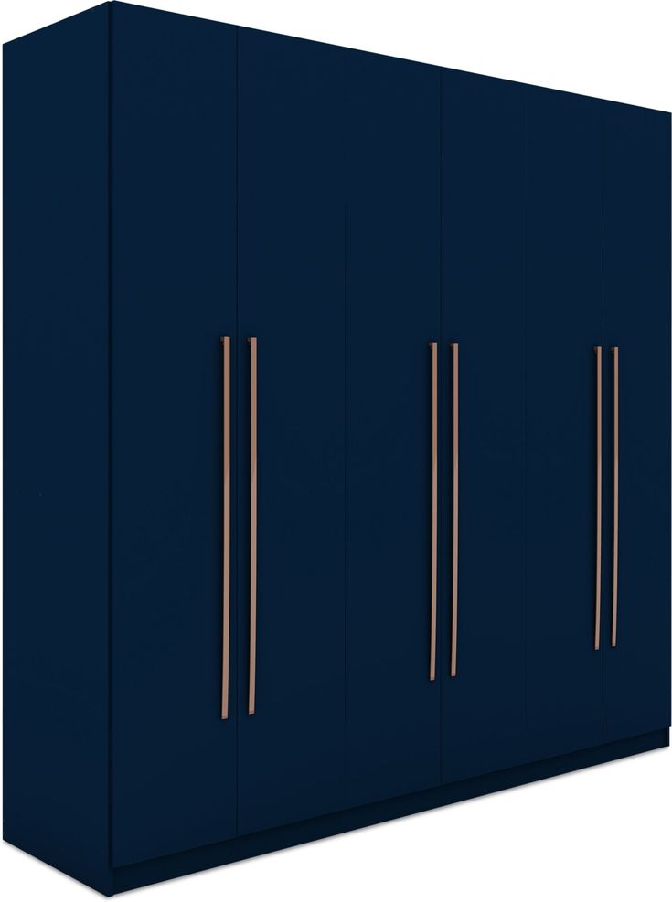 a large blue cabinet with gold handles and two doors on the front, side view