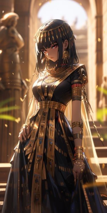 an egyptian woman dressed in black and gold