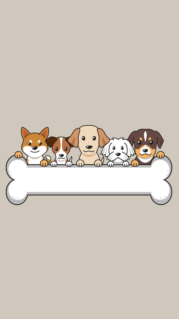 four dogs are sitting on top of a bone