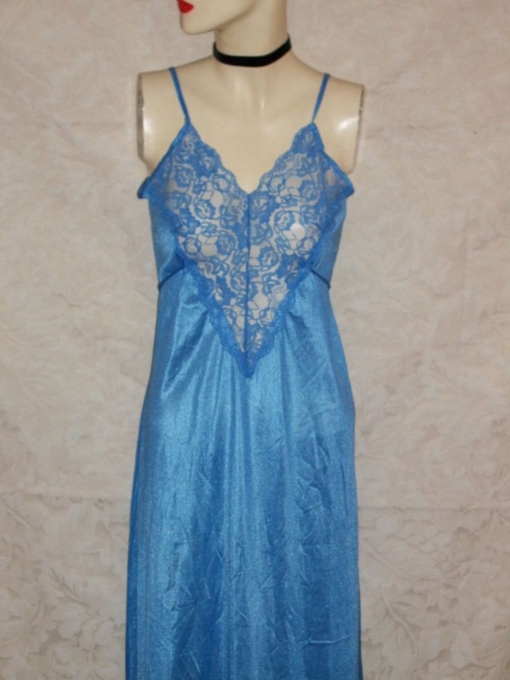 "This is a 60s sky blue silky satiny nylon and lace long nightgown. I believe she is a small   Measurements are  BUST-32-33\"    WAIST-30-31\",  Good Condition Vintage 60s/70s Nylon and Lace Nightgown" Blue Sleeveless Satin Nightgown, Sleeveless Blue Satin Nightgown, Blue Satin Nightgown For Night, Blue Sheer Vintage Sleepwear, Vintage Blue Sheer Sleepwear, Sheer Blue Nightgown For Bedtime, Blue Sheer Lace Sleepwear, Blue Satin Nightgown For Bedtime, Blue Satin Nightgown