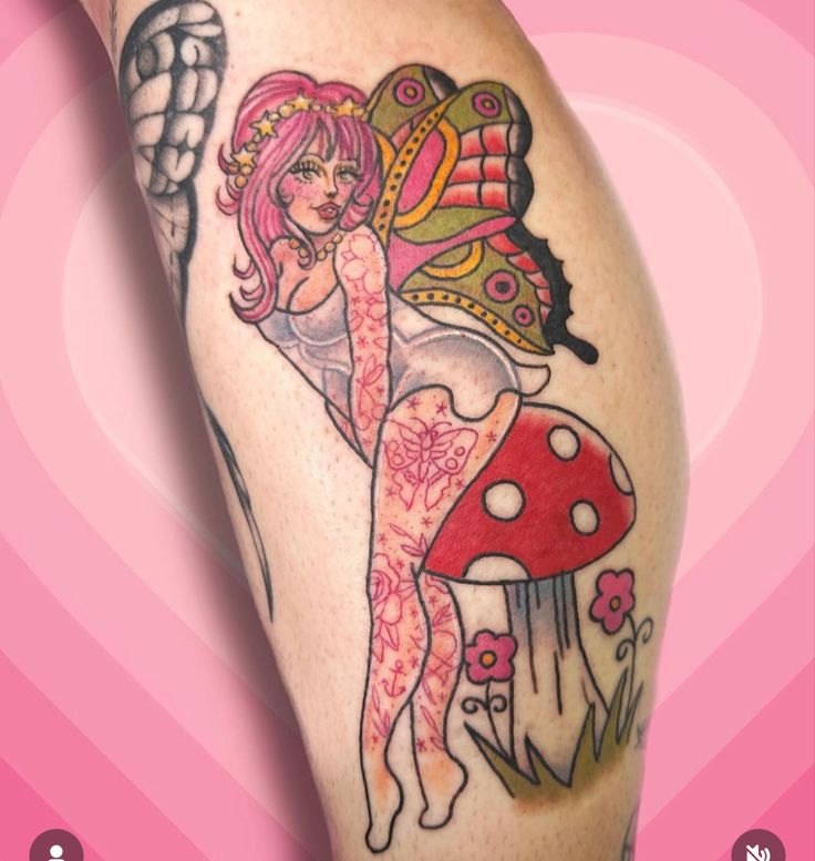 Colourful Fairy Tattoo, American Traditional Fairy Tattoo, Ladies Tattoos, Fairy Sleeve, Illusion Tattoo, Mushroom World, Illusion Tattoos, Optical Illusion Tattoos, Colorful Fairy