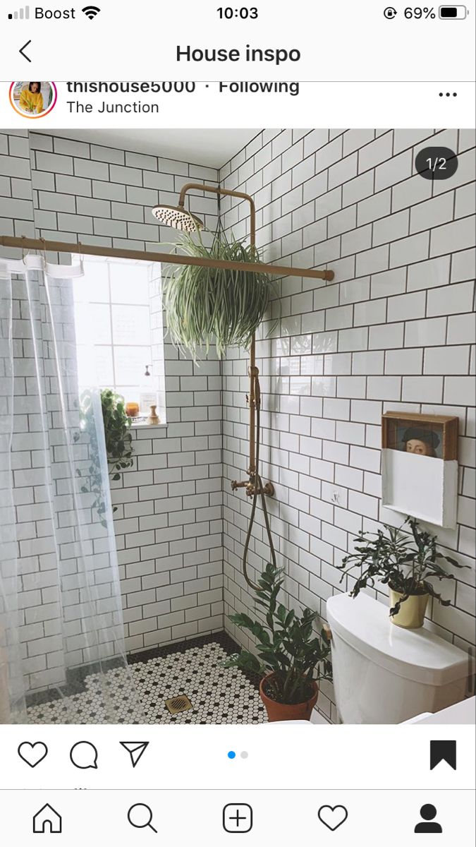 a white tiled bathroom with plants on the shower head and toilet in the bathtub