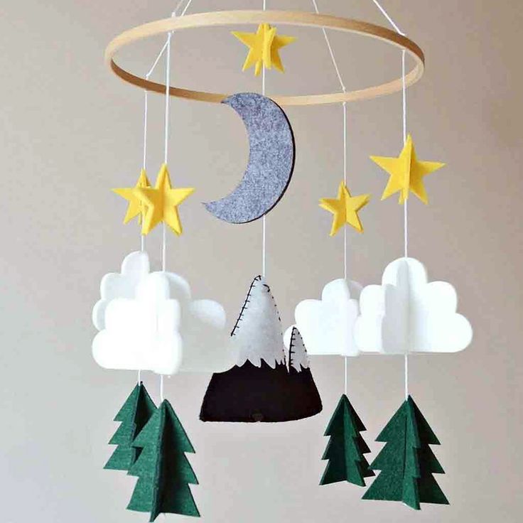 a mobile with stars, moon and clouds hanging from it's sides in the shape of trees