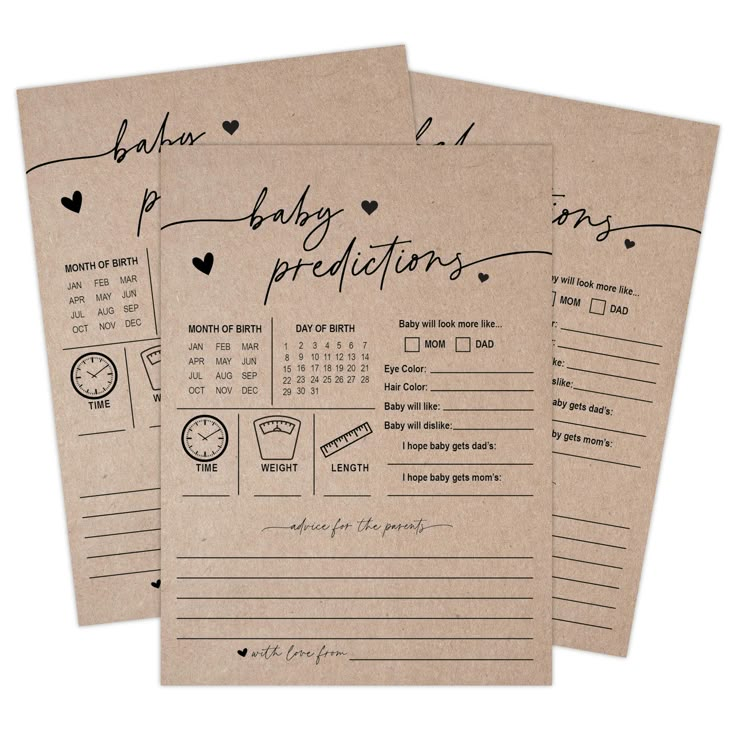 three brown papers with writing on them that say baby protectors and love is in the air