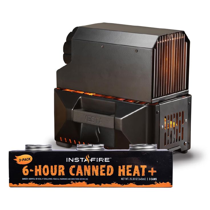 an image of a grill that is in the shape of a fire heater and it's box next to it