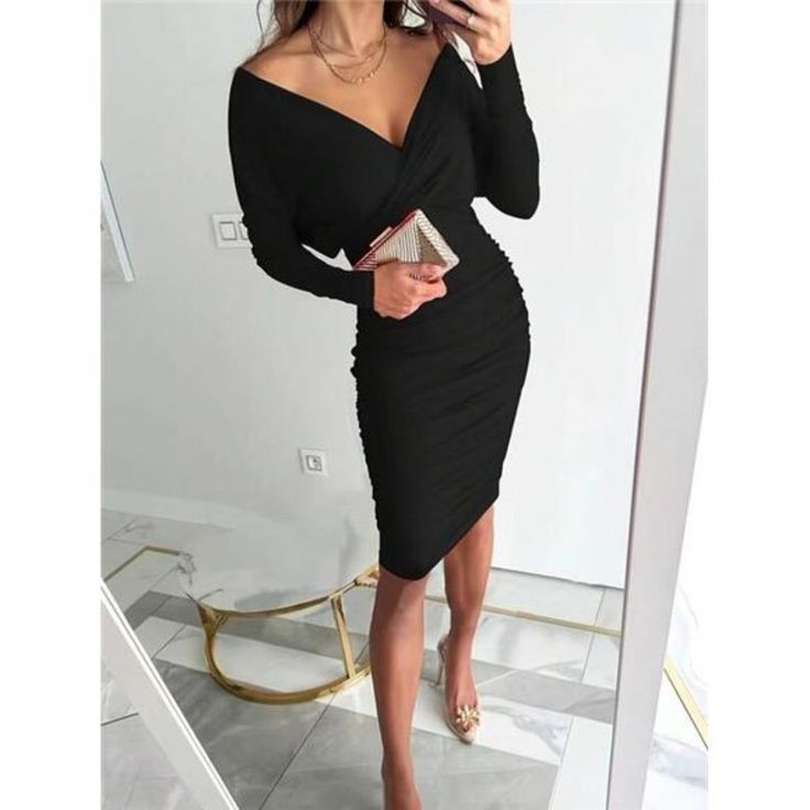 -Item Id 31451969 -Color: Black -Style: Elegant -Pattern Type: Plain -Type: Bodycon -Details: Wrap, Asymmetrical, Split -Neckline: Deep V Neck -Sleeve Length: Long Sleeve -Sleeve Type: Batwing Sleeve -Waist Line: High Waist -Hem Shaped: Asymmetrical, Pencil -Length: Midi -Fit Type: Regular Fit -Fabric: Medium Stretch -Material: Knitted Fabric -Composition: 95% Polyester, 5% Elastane -Care Instructions: Machine Wash, Do Not Dry Clean -Sheer: No **Open To Offers!!!** **Bundle To Save More** **30% Casual Fitted V-neck Dress For Evening, Chic Black Ruched V-neck Dress, Casual Black Dress With Asymmetrical Neckline, Black Casual Dress With Asymmetrical Neckline, Fitted Casual V-neck Dress For Evening, Casual V-neck Bodycon Dress For Party, Casual Knee-length V-neck Party Dress, Black Midi Dress With Surplice Neckline For Fall, Fitted Casual V-neck Dress For Night Out