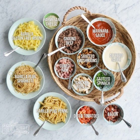 an overhead view of different types of pasta and sauces