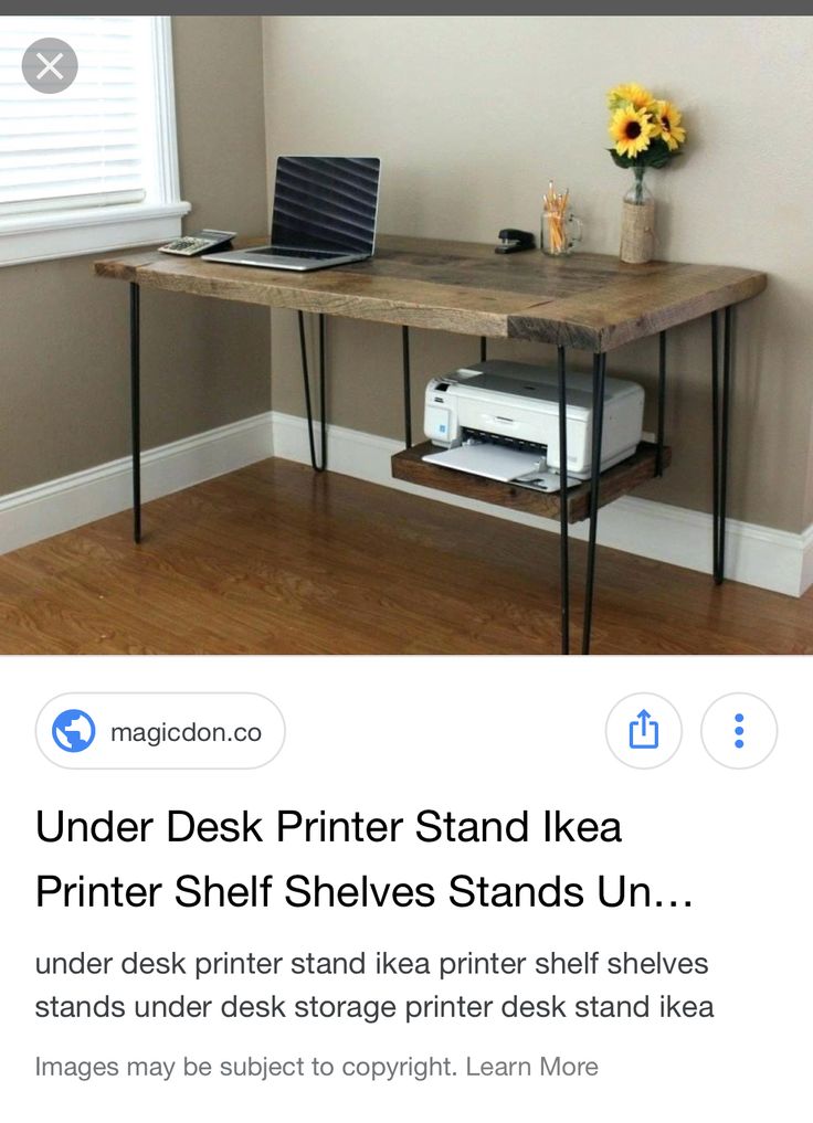 an image of a desk with printer on it and the text underneath reads under desk printer stand like a printer shelf stands up