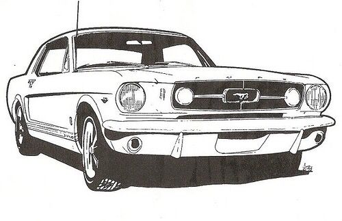 a black and white drawing of a mustang