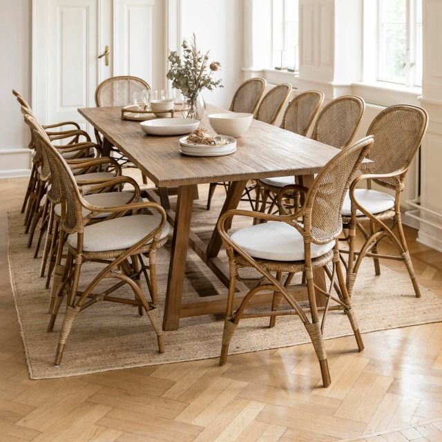 a dining room table with chairs and plates on it