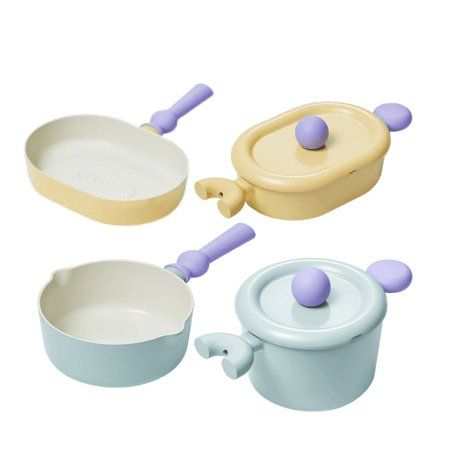 three toy pots and pans are shown on a white background, including one with purple handles