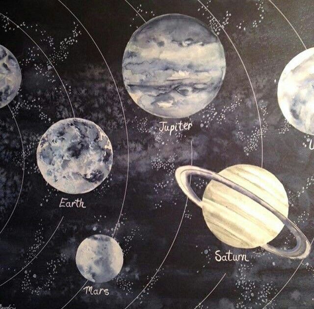 the solar system painted on a blackboard with white stars and planets in different colors