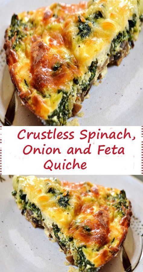 two plates with quiche on them and the words crustless spinach, onion and feta quiche