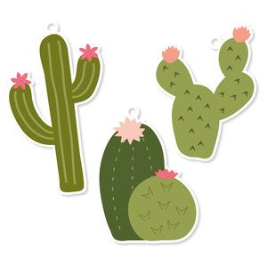 three green cactus stickers with pink flowers on the top and one in the middle