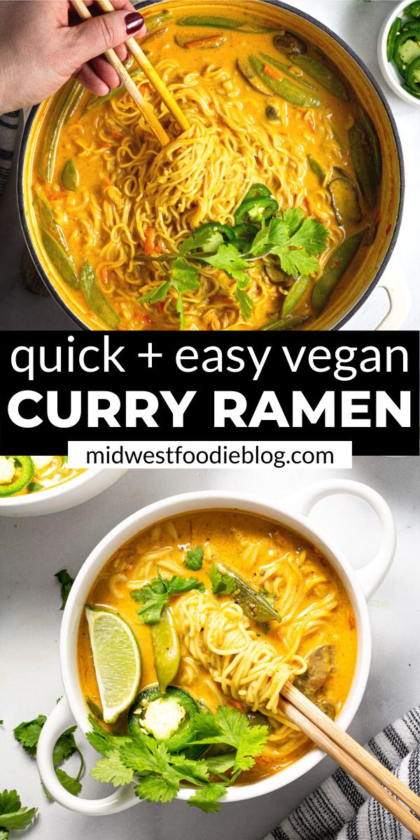 two bowls filled with curry ramen and garnished with cilantro leaves