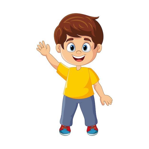 a young boy is waving his hand and smiling at the camera while wearing blue jeans and yellow t - shirt