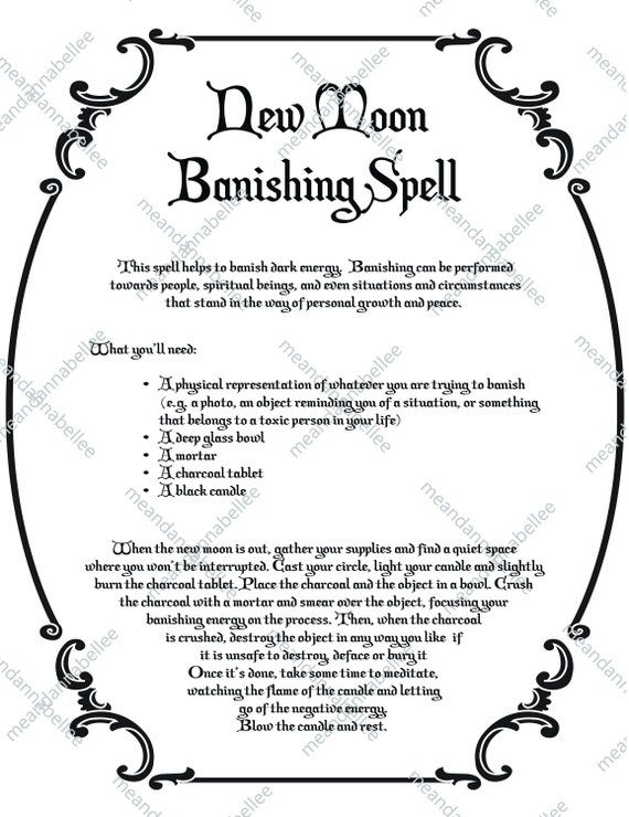 *** PLEASE SEE SHOP ANNOUNCEMENTS BEFORE ORDERING FOR IMPORTANT SHIPPING INFORMATION, DEADLINES, SHOP UPDATES, ETC. *** NEW MOON BANISHING SPELL DIGITAL IMAGE | INSTANT DOWNLOAD Graphic Design of a New Moon Banishing Spell set in an ornate frame / border. Print and use for your art and crafting Witches Dinner, Wiccan Wedding, Magic Check, Pagan Magic, Witchcraft Spells For Beginners, Banishing Spell, Moon Magick, Moon Spells, Spells For Beginners