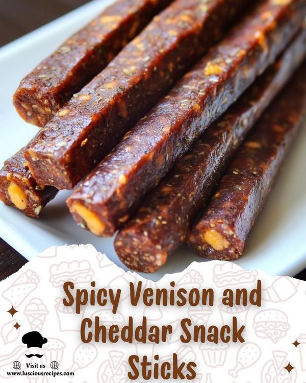 spicy venison and cheddar snack sticks on a white plate with text overlay