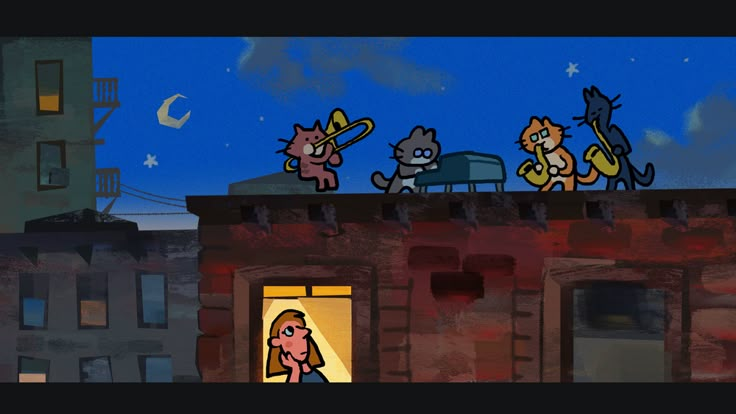 three cartoon cats are sitting on top of a building and one cat is looking out the window