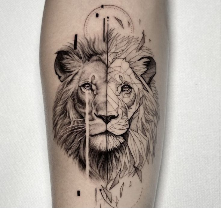 a black and white photo of a lion's face on the left calf sleeve