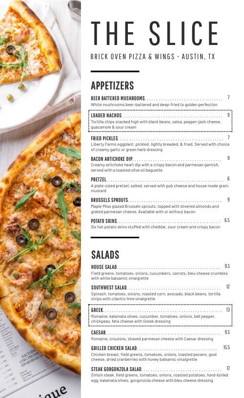 a menu for the slice pizza restaurant