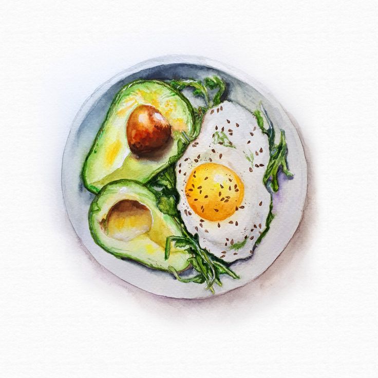 an egg, avocado and tomato on a plate painted with watercolors