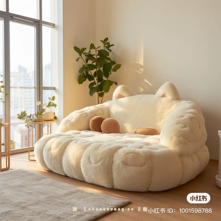 a large white cat shaped couch in a living room next to a potted plant