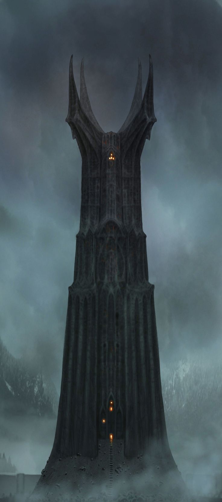 a tall tower with two lights on it in the middle of a foggy sky