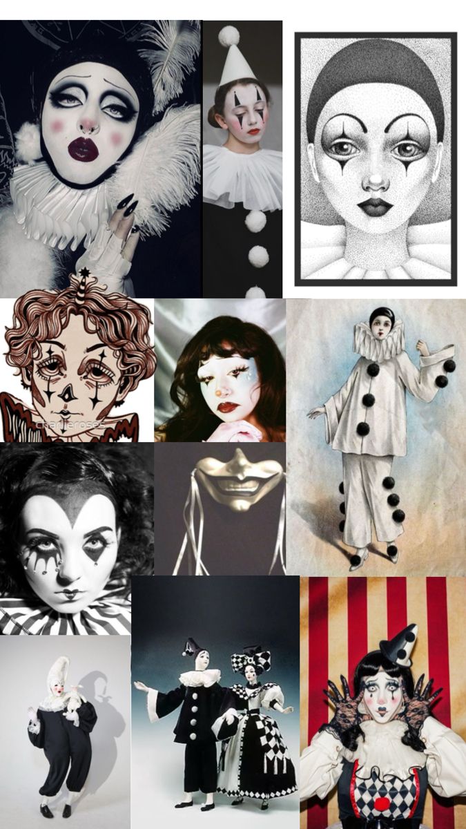 many different pictures of clowns with their faces painted in black and white, including one woman