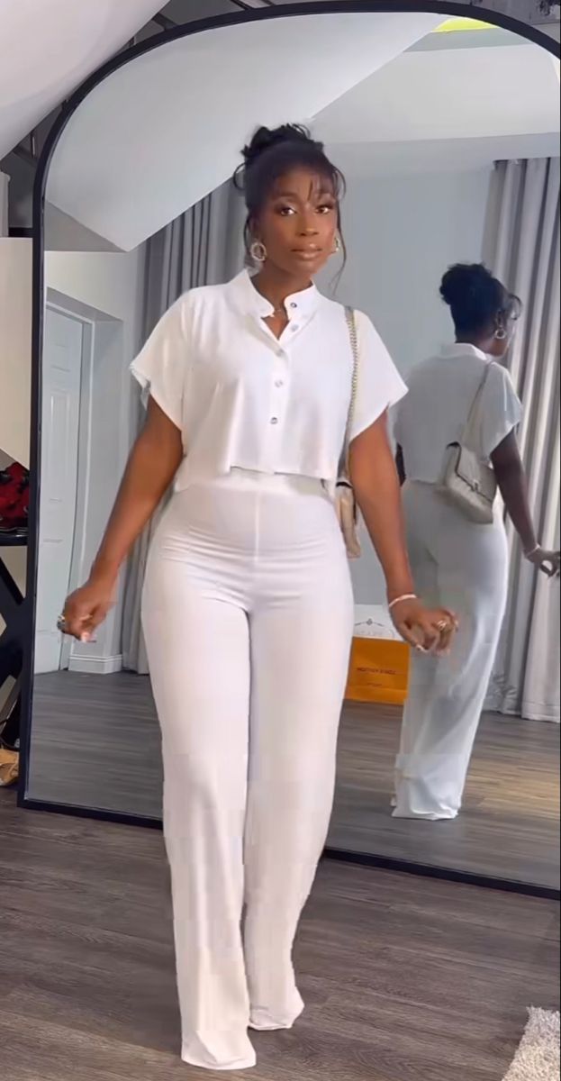 White 2piece Outfits, White Top And Trousers Outfit, Tops For Palazzo Pants Classy Casual, Cooperate Two Piece Outfits, Jamsuits Design, Shirt And Palazzo Outfit, Plain And Pattern Styles For Ladies Trouser And Top, White Casual Outfits For Women, Pants And Top Outfit Classy