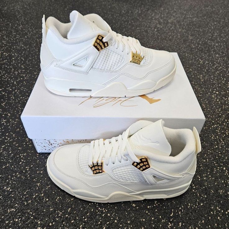 Brand New, Never Worn, In Original Box Nike Air Jordan 4 Metallic Gold Aq9129-170 Womens Size 10w/8.5m Follow Me Ig : @Heartnsole10 Luxury High-top Jordan Shoes, Luxury Lace-up Basketball Shoes, Luxury High-top Jordan Sports Shoes, Custom White Leather Sneakers With Air Cushioning, Luxury Basketball Shoes, Luxury Jordan Lace-up Sports Shoes, White Leather Custom Sneakers With Air Cushioning, Luxury High-top Custom Sneakers With Cushioned Footbed, Luxury Low-top Custom Sneakers With Cushioned Footbed