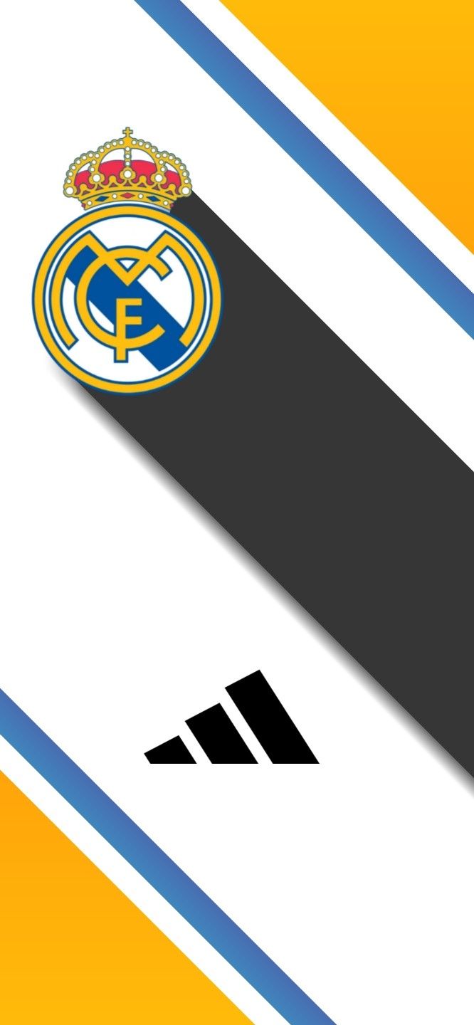 the real madrid soccer team logo on a yellow and white striped background with black diagonal stripes