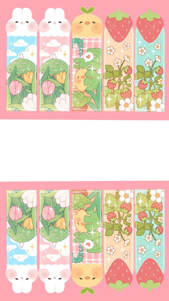 a pink background with two rows of cartoon characters and flowers on the bottom one row