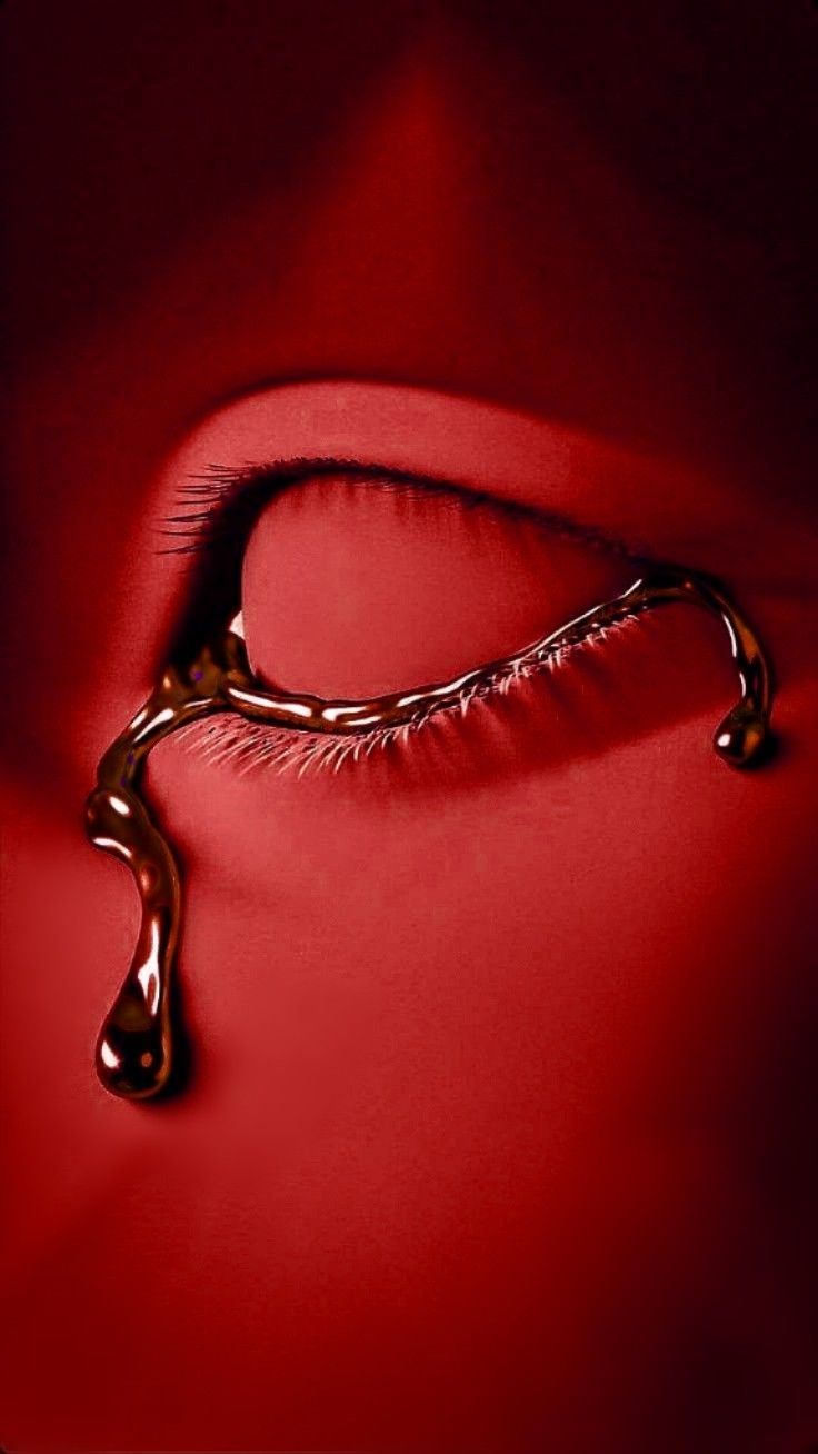 an eye with long lashes is shown in the middle of a red background and has a drop of liquid coming out of it