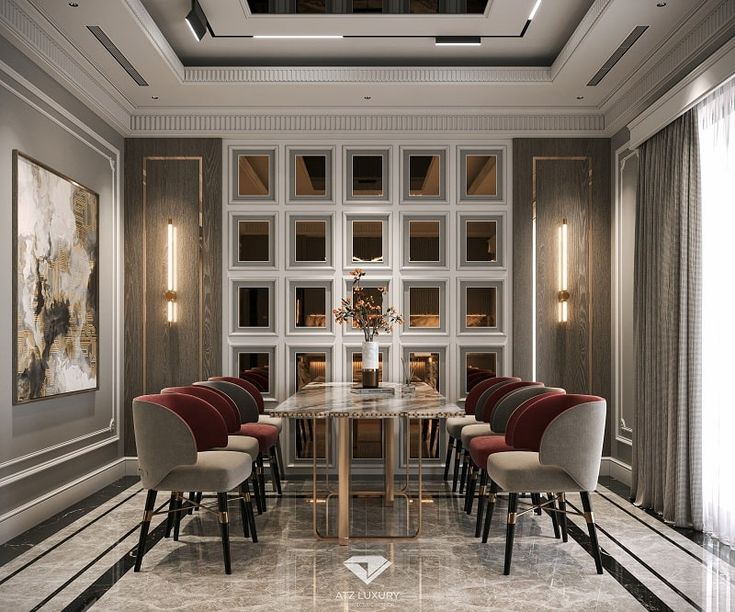 an elegant dining room with marble flooring and white walls, along with modern chairs