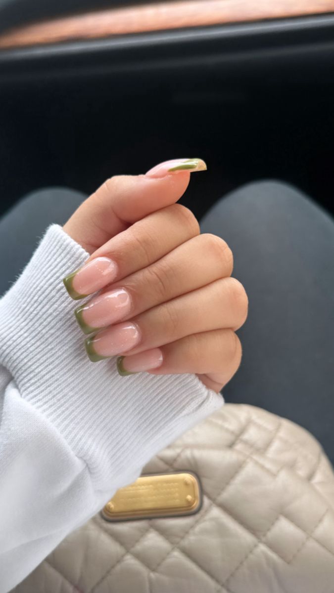 green french tip Olive Green French Tip Nails Short, Khaki French Tip Nails, Green French Nails Square, Olive French Tip Nails, Olive Green French Tip, Olive Green French Tip Nails, Colored French Nails, Green French Tip, Green French