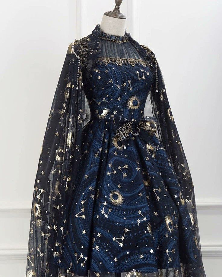 Outfit Ideas Fancy Dress, Moon Star Dress, Night Inspired Outfits, Space Prom Outfit, Space Homecoming Theme Outfit, Stary Night Outfit Ideas, Celestial Witch Costume Ideas, Starry Dress Aesthetic, Celestial Aesthetic Clothes Dresses