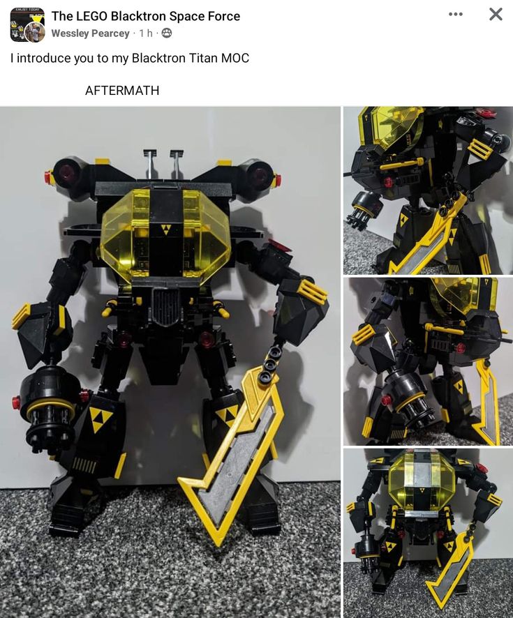 the lego blackon space force has been made into a robot with yellow and black accents