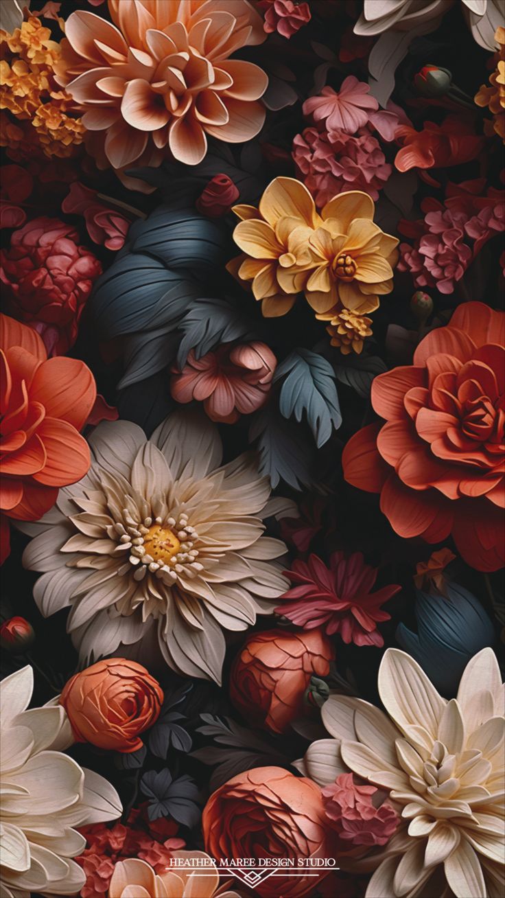 a bunch of flowers that are on top of each other in the same color scheme