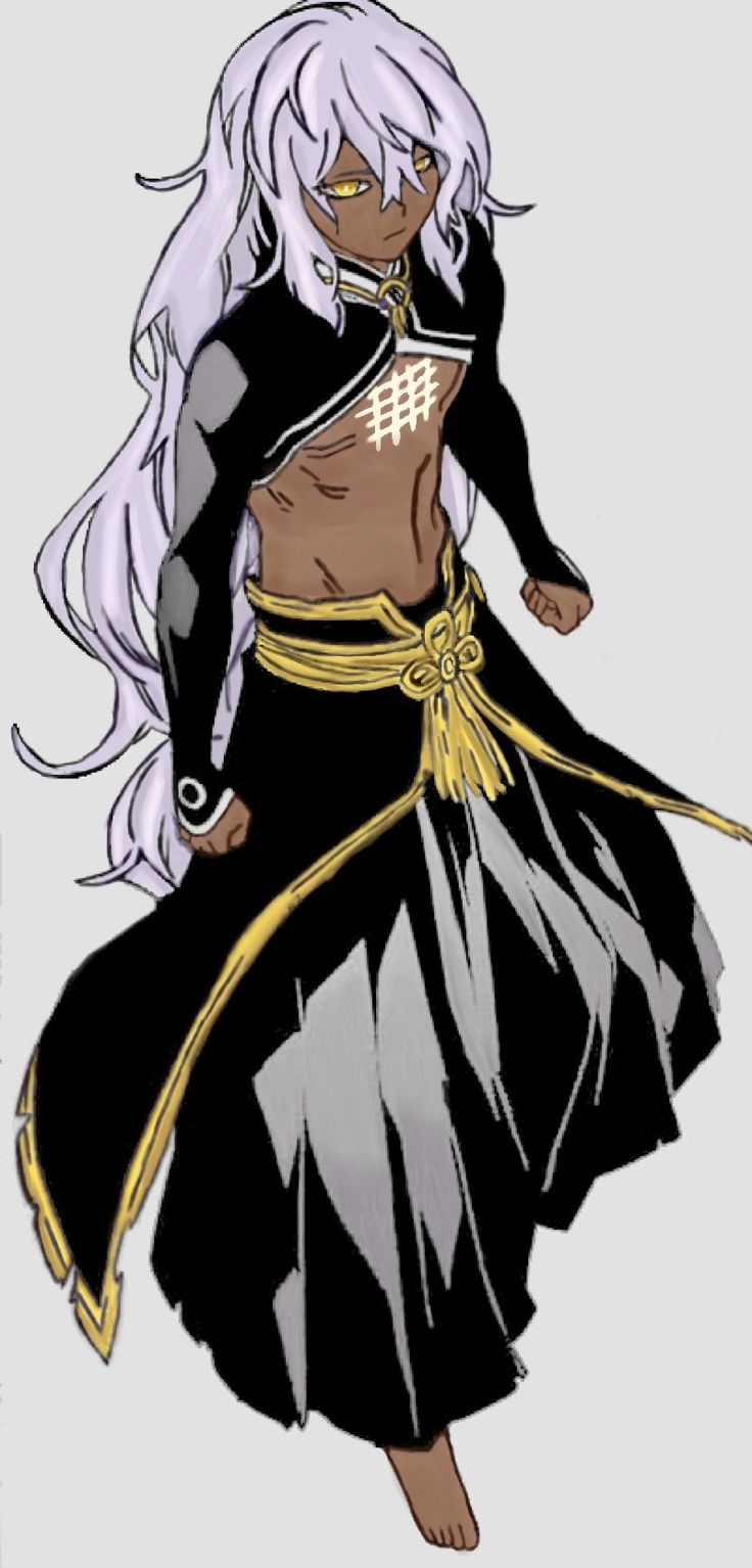 an anime character with long white hair wearing a black and gold outfit