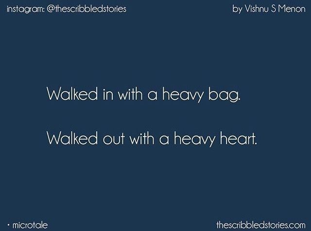 a blue background with the words walked in with a heavy bag walked out with a heavy heart