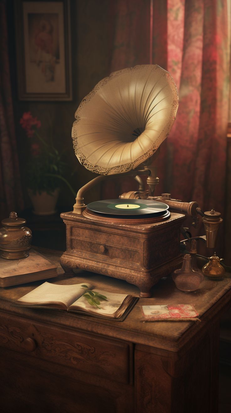 an old record player sitting on top of a wooden table