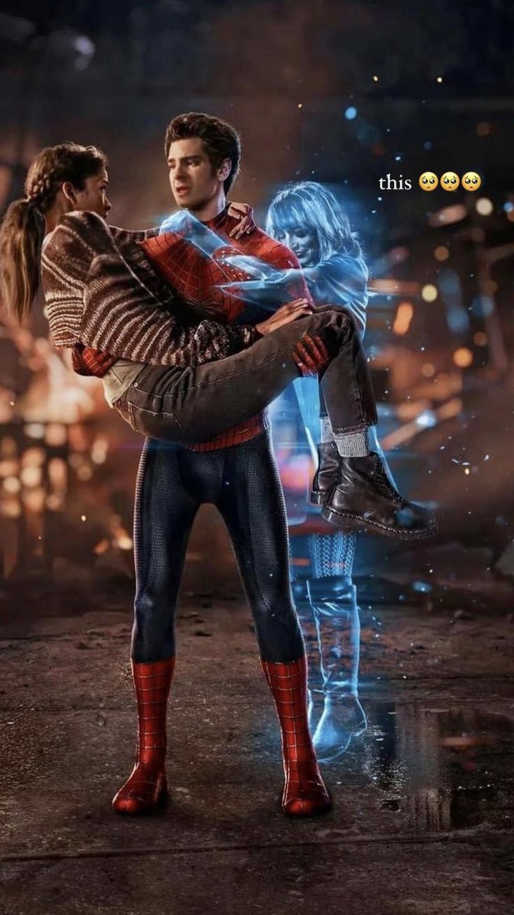 the amazing spider - man is being hugged by a woman