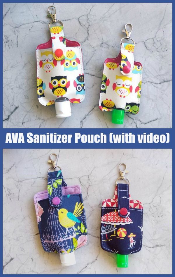 three bottles with different designs on them and the words lava sanitizer pouch with video