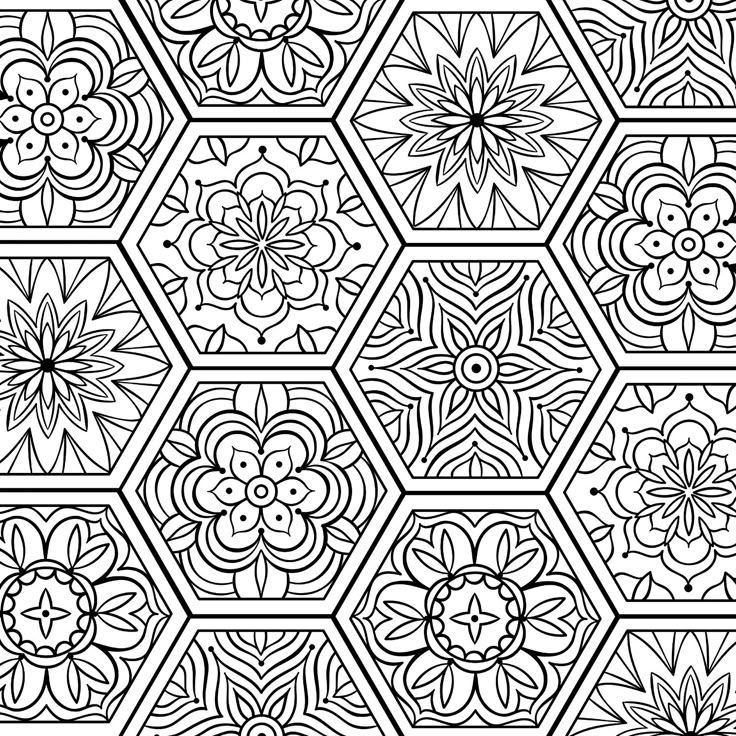 a black and white pattern with hexagonals in the center, which has been drawn