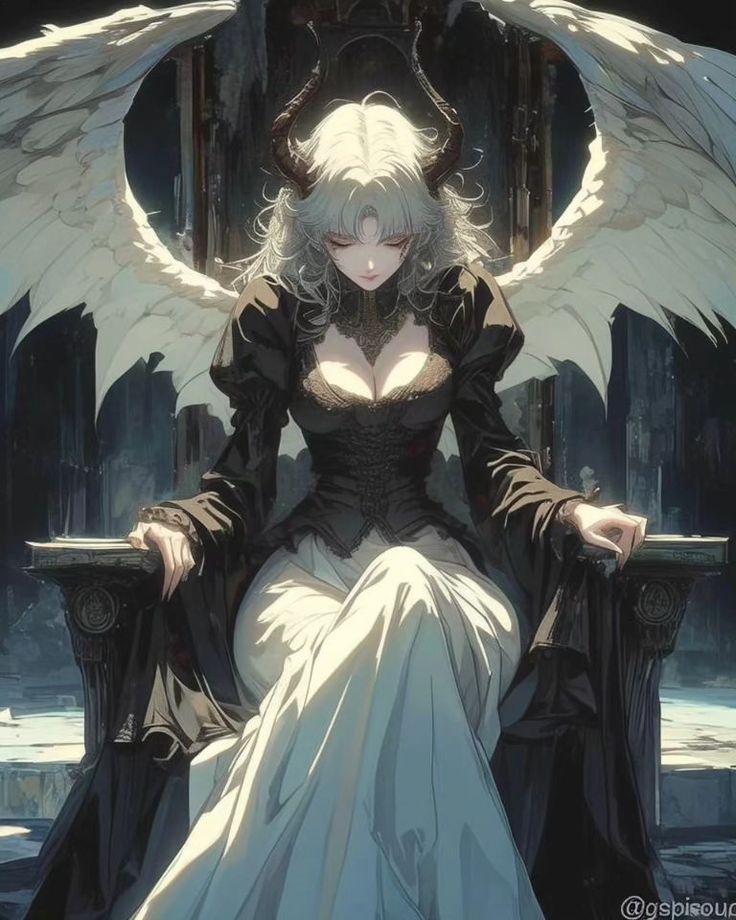 an angel sitting on top of a throne with her wings spread out and eyes closed